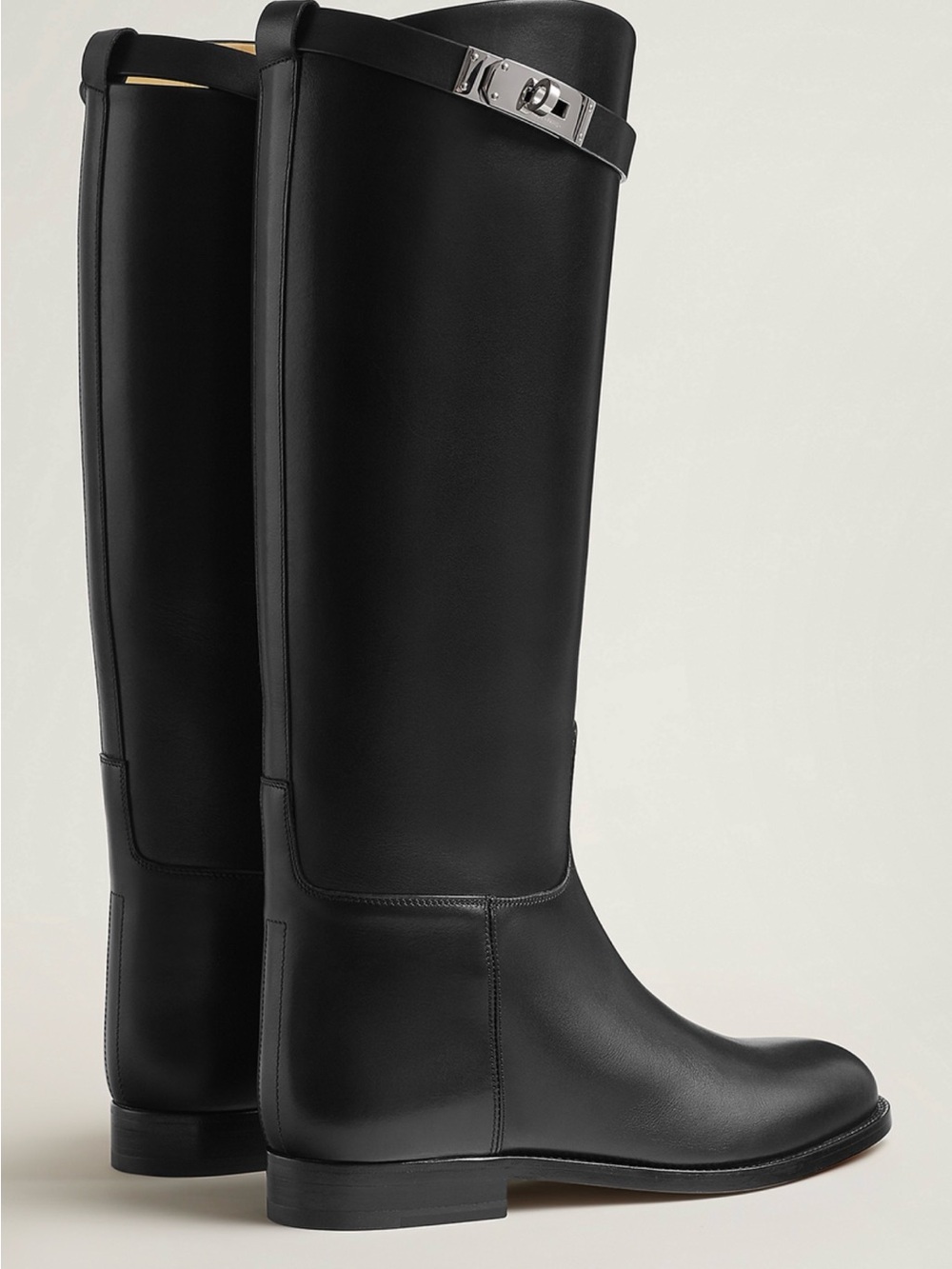 Hermes Black Leather Tall Riding Boots with Silver Buckle